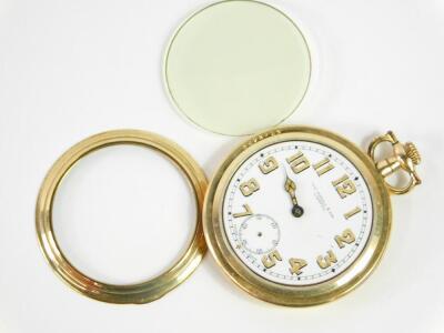 An Elgin gentleman's gold plated pocket watch, open faced, keyless wind, enamel dial bearing Arabic numerals, subsidiary seconds dial, Swiss movement, retailed by Thos Russell & Son, Liverpool., 4.7cm diameter. - 2