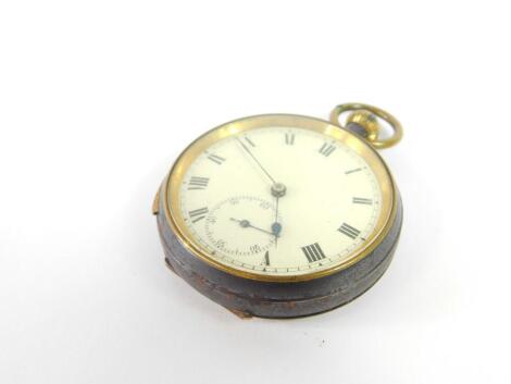 An early 20thC gun metal cased quarter repeater pocket watch, open faced, keyless wind, enamel dial bearing Roman numerals, subsidiary seconds dial, Swiss movement No 504196.