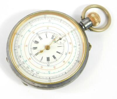 An early 20thC gun metal cased chronograph pocket stop watch, white enamelled dial bearing Roman numerals, subsidiary seconds dial and multi coloured outer dials, case numbered 43386, 5.5cm diameter.