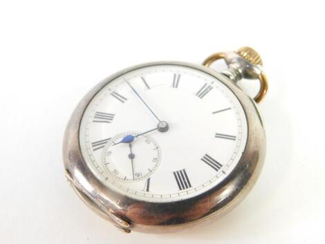 A Stauffer & Co silver cased pocket watch, early 20thC, open faced, keyless wind, white enamel dial bearing Roman numerals, subsidiary seconds dial, movement no 161381, case no 206417, maled 0.935, inner cased engraved W Bowley & Co, Melton Mowbray., 5cm 