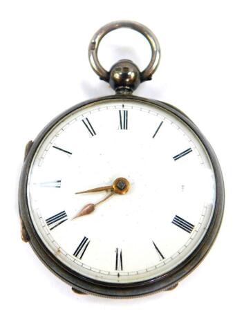 A Victorian Irish silver cased pocket watch, by West & Son, Dublin., open faced, key wind, white enamel dial bearing Roman numerals, movement no 17827, the case with engine turned decoration, shield reserve, Birmingham 1893.