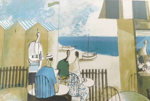 After Didier Lourenco (Spanish, b.1968). Figures at a Mediterranean beach cafe, limited edition print 33/110, signed in pencil, 51cm high, 76cm wide.