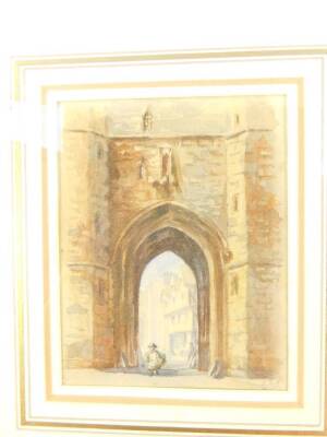 English School (19thC). Lincoln Castle Eastgate, Looking Towards Castle Hill, watercolour, monogrammed J E K, 10cm high, 8cm wide. - 2