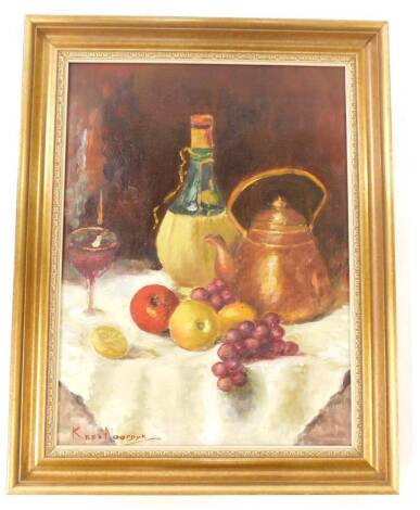 Kees Noordyk (Dutch, 20thC). Still life of fruit, bottle of wine and kettle, oil on canvas, signed, 39cm high, 29cm wide.