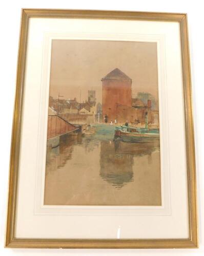 William Ewart Lockhart (Scottish, 1846-1900). Town and river scape, with barge, watercolour, signed, dated indistinctly, 50cm high, 33cm wide.