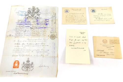 A Victorian passport, named to Mr Walter Saxton Brocklehurst, travelling in the Continent, accompanied by his wife and son, dated 12th July 1898, with various Russian entry stamps, printed letter from Winston Churchill on occasion of his birthday 1954 on