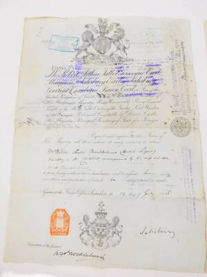 A Victorian passport, named to Mr Walter Saxton Brocklehurst, travelling in the Continent, accompanied by his wife and son, dated 12th July 1898, with various Russian entry stamps, printed letter from Winston Churchill on occasion of his birthday 1954 on - 2