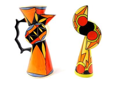 A Lorna Bailey pottery abstract vase, decorated in the Retro pattern, 26cm high, together with a jug with geometric decoration, limited edition 65/150, 25cm high. (2)