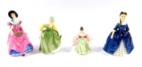 Three Royal Doulton figures, modelled as Debbie HN2385., Fair Maiden HN2211., and Sara HN3219, together with a Coalport figure modelled as Penelope. (4)