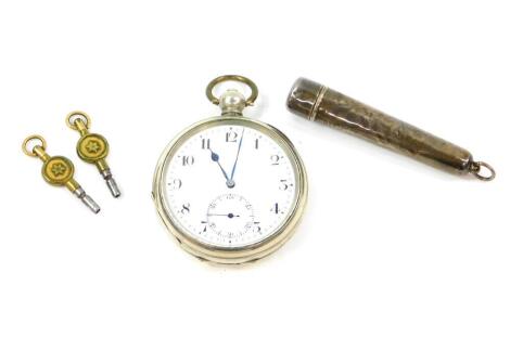 A George V silver cigarette holder, foliate engraved, silver cased, Chester 1913, together with a Tavannes Watch Company silver plated gentleman's pocket watch, open faced, key wind, circular enamel dial bearing Arabic numerals, subsidiary seconds dial, t