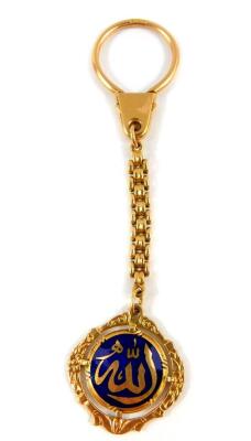 A Middle Eastern 18ct gold and blue enamel fob on chain, 12.3g.