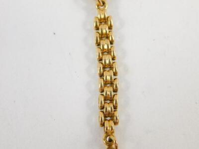 A Middle Eastern 18ct gold and blue enamel fob on chain, 12.3g. - 2