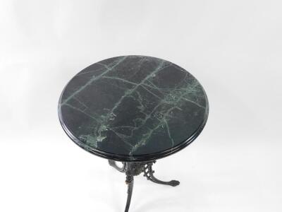 A Victorian Aesthetic Movement cast iron table base, with parcel gilt black painted base, on three outsplayed legs, later green marble circular top, 54cm diameter. - 2