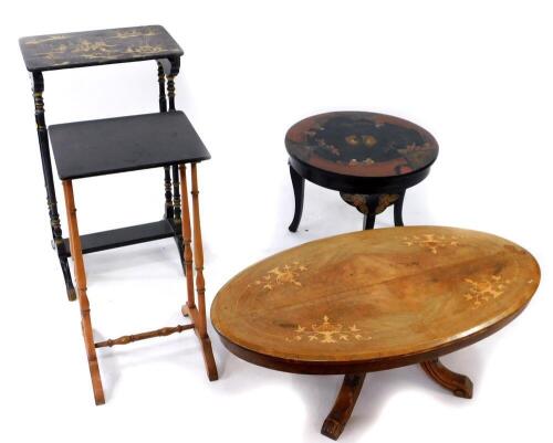 Four Victorian occasional tables, including a Japanned lacquered example, similar, circular chinoiserie table and a low marquetry oval walnut table. (4)