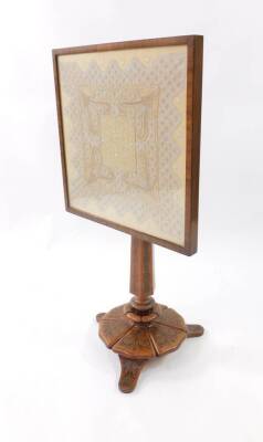 A Victorian occasional table, with lace work and glazed tilt top, on a column and shaped base with rosewood marquetry on walnut, and stained pine, 62cm high, 44cm square. - 4