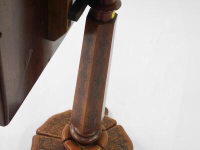 A Victorian occasional table, with lace work and glazed tilt top, on a column and shaped base with rosewood marquetry on walnut, and stained pine, 62cm high, 44cm square. - 5