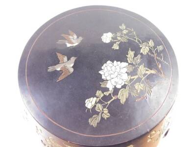 A mid 20thC Chinese hardwood lacquer stool, of circular form, with painted polychrome decoration of birds and peonies, 48cm high, 40cm diameter. - 2