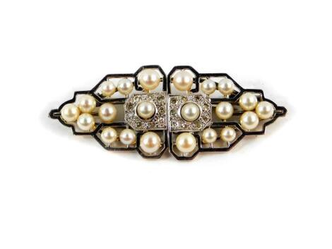 An Art Deco cultured pearl and diamond set double clip brooch, set in white metal, 14.1g.