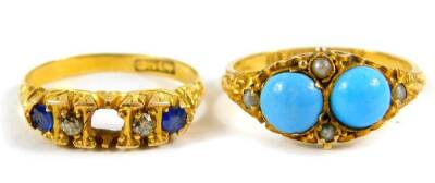 A 15ct gold sapphire and diamond five stone ring, central sapphire lacking, size N, and a 15ct gold and turquoise two stone ring, set with seed pearls at intervals, size P, 5.4g. (2)