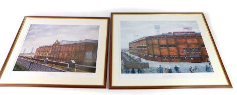 Manchester United. After David Wheldon (British, 20th/21stC). Old Trafford Manchester, August 1935, limited edition print 78/500, signed, dated 2000., together with Old Trafford Manchester 7th February 1958, limited edition 123/500, signed, first print 4