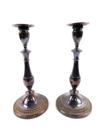 A pair of Viners silver plated Victorian style candlesticks, 28.5cm high.