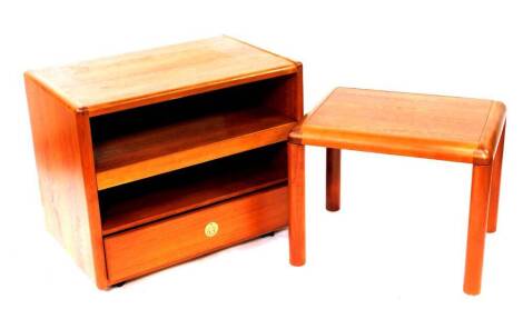 A d-SCAN teak coffee table and television cabinet, with sliding shelf, 65cm x 50cm and 80cm wide respectively. (2)