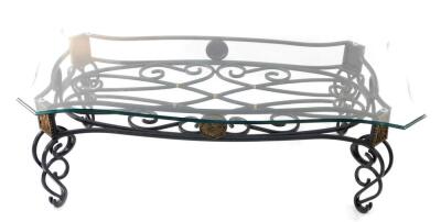 A modern wrought iron coffee table, with shaped bevelled serpentine glass top, 130cm x 72cm.