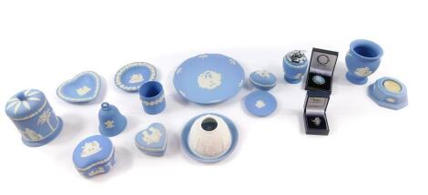 A group of Wedgwood light blue Jasperware, mostly boxed, including dishes, cylindrical box and cover, further boxes and covers, smoker's set, jewellery, etc. (a quantity)