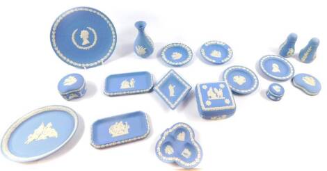 A group of Wedgwood light blue Jasperware, mostly boxed, including a pair of condiments, bud vase, boxes and covers, dishes, and plates, etc. (a quantity)