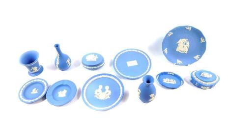 A group of Wedgwood light blue Jasperware, mostly boxed, including vases, plates, boxes and covers and dishes. (a quantity)