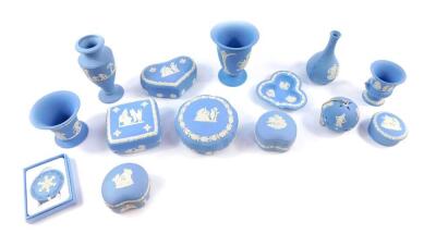 A group of Wedgwood light blue Jasperware, mostly boxed, including a pomander, Christmas ornament, boxes and covers, vases, etc. (a quantity)