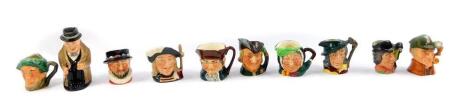 Ten Royal Doulton small character jugs, comprising Robin Hood D6541., Winston Churchill (2nd)., Auld Mac D6253., Aramis D6508., Pied Piper D6514., The Sleuth D6639., Old Charley D6046., Beefeater., Sairey Gamp., and The Walrus and Carpenter.