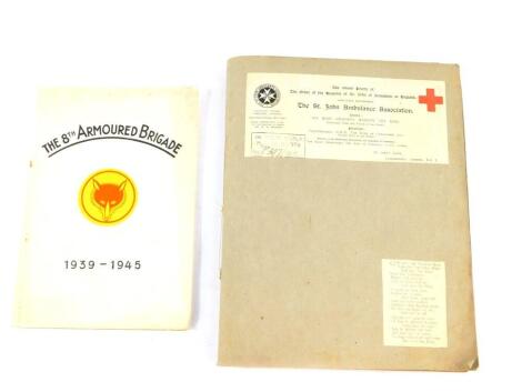 A WWI scrap book, relating to the St John Ambulance Association, York Branch, including letters, autographs, photographs and press cuttings, together with a booklet on the 8th Armoured Brigade, 1939 - 1945. (2)