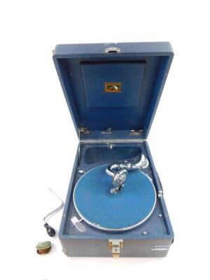 An HMV blue cased table top gramophone, 29cm wide, 41cm deep.