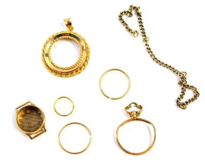 Mixed 9ct gold jewellery, including a watch case back, pendant mounts, earrings, and a chain, 16.2g. (a quantity)