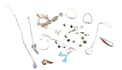 Silver and gem set jewellery, including bangles and bracelets, a charm bracelet, rings, and a brooch, together with a pill box, 209.4g. (a quantity)