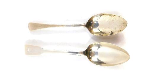 A George III silver dessert spoon, George Gray, London 1806., and a Victorian silver tablespoon, initial engraved, Samuel Hayne & Dudley Cater, London 1849., 4.01oz. (2)