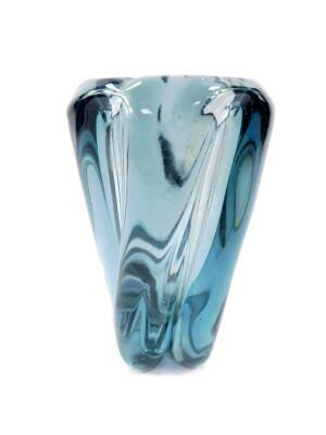 A late 20thC heavy turquoise blue glass vase, with spiral fluted moulding, 20cm high.