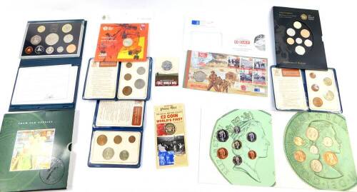 A United Kingdom proof coin collection 1997., Royal Mint coin set from Old Pennies ... , Emblems of Britain brilliant uncirculated coin collection., three wallets containing Britain's First Decimal Coin., Pobjoy Mint Royal British Legion £2 coin., Royal A