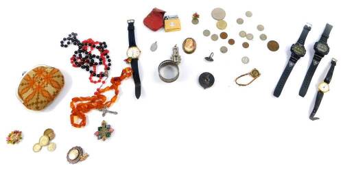 Silver and costume jewellery, including a silver ingot, cameo brooch, amber beads, Rotary and other dress wristwatches, etc. (a quantity)