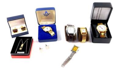 Gentleman's dress wristwatches and cufflinks, including a Rotary gold plated wristwatch, Acctim radio controlled talking wristwatch, and a nickel silver miner's lamp pendant with cufflinks. (a quantity)