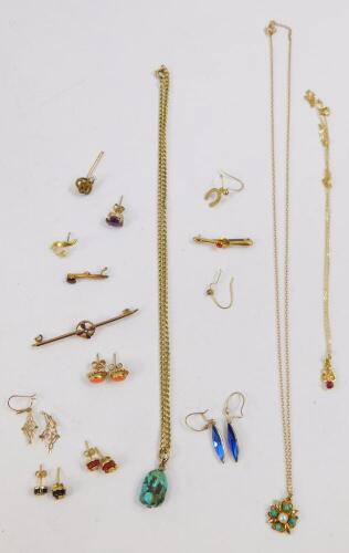 9ct gold and gem set jewellery, including earrings, pendant on chain, bar brooches, etc, 24.5g all in. (a quantity)