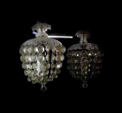 A pair of cut glass bag chandeliers, with brilliant cut drops, 32cm high, 19cm diameter.