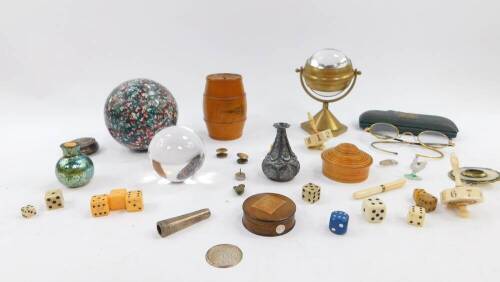 Vertu and collectables, including a glass Eau de Cologne bottle bearing label for Liberty, assorted dice, treen stamp box, magnifyer, Indian white metal incense bottle, carpet bowl, Mauchline ware barrel form money box printed with Scott's Monument, Edinb