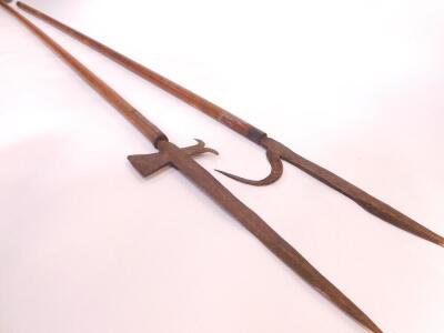 Two forged iron and wooden handled reenactment pikes, 235cm high and 233cm high respectively. - 2