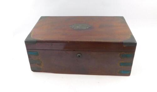 A Victorian mahogany campaign duet writing box, with brass fittings and drawer, 46cm wide.