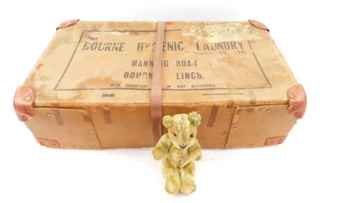 A vintage Bourne Hygienic Laundry case, and a small jointed plush Teddy bear, 19cm high (2)