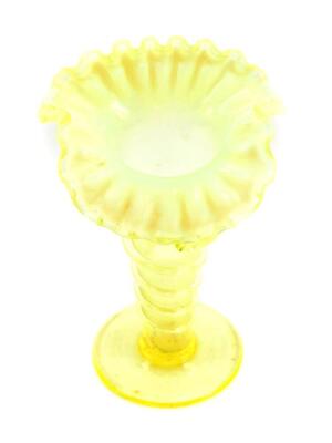 A Victorian lemon vaseline glass Jack-In-The-Pulpit vase, with frilled rim, 16cm high.