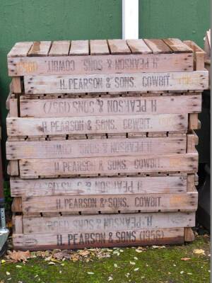 Ten wooden vegetable crates, named for H Pearson and Sons, Cowbit 1953, 15cm high, 75cm wide, 45cm deep.