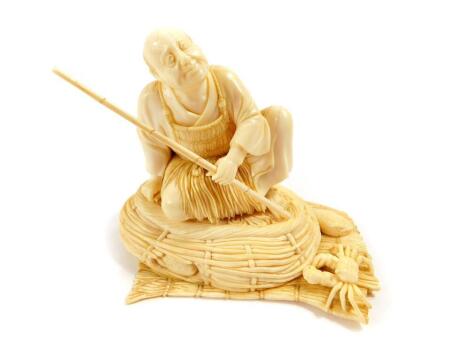 A Japanese ivory okimono figure of a seated fisherman, with bamboo rod, seated on his creel, crab and shell on the mat beside him, signed Shinppyo (?) to the base, Meiji period, 9.5cm high.